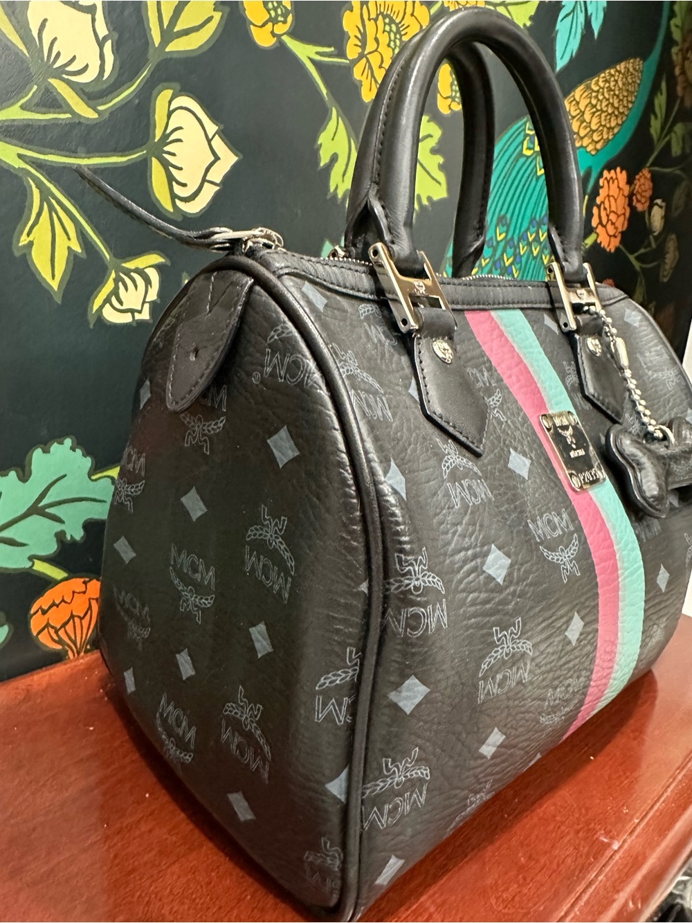 MCM Pet Collection Black Visetos Boston Bag Dog Bone Charm Satchel - Picture 8 of 16